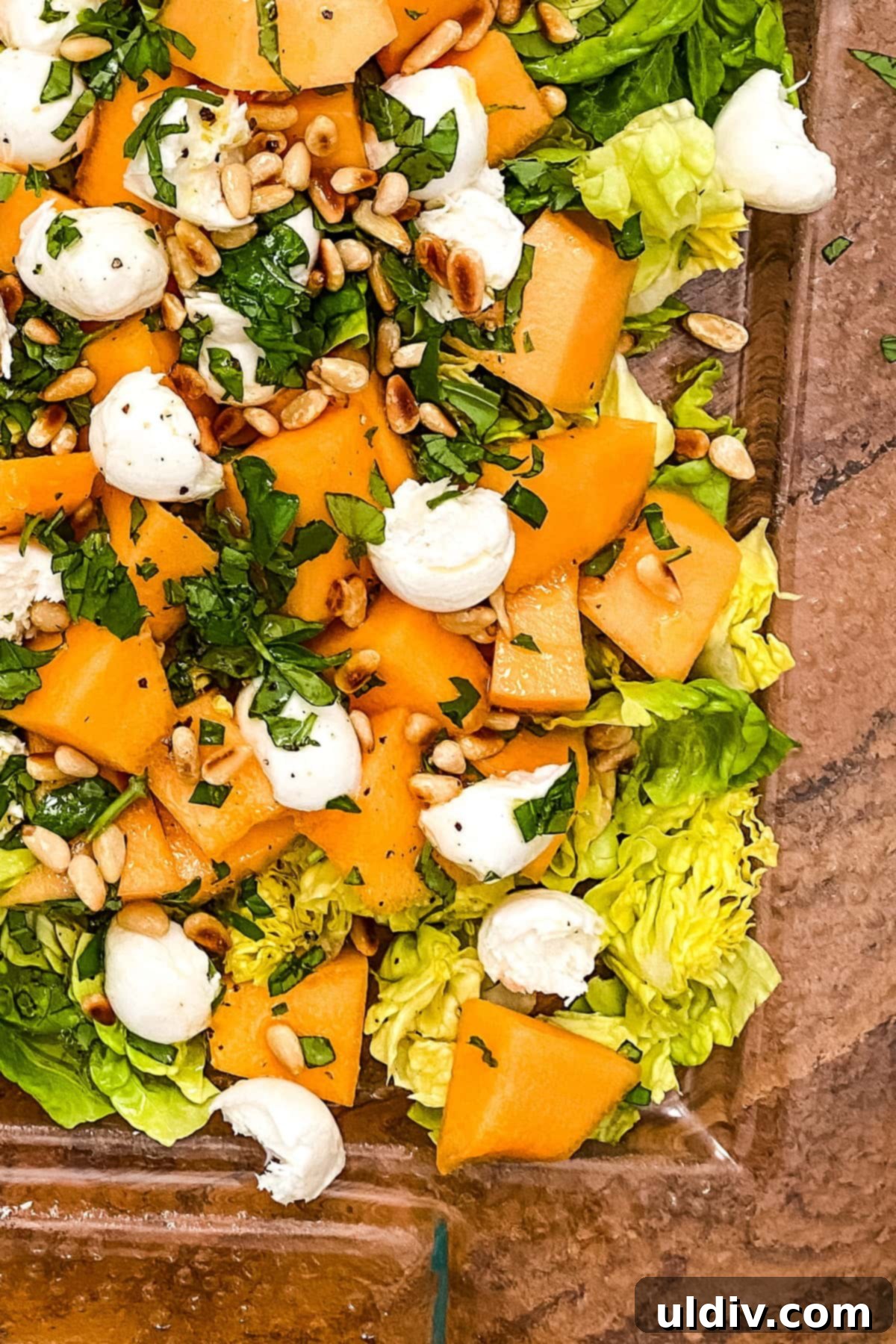 A beautifully presented melon salad with vibrant cantaloupe, fresh mozzarella, aromatic basil, and toasted pine nuts.