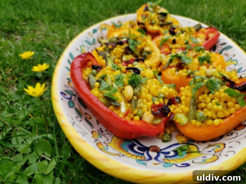 Pantry Perfect Vegan Stuffed Peppers 7 Finished vegan couscous stuffed peppers served hot, topped with fresh parsley