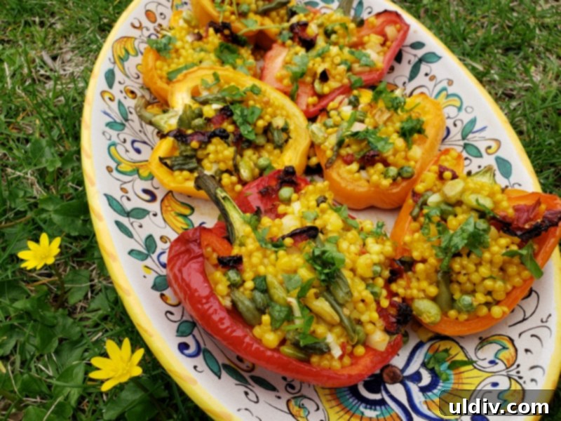Pantry Perfect Vegan Stuffed Peppers 9 A serving of vegan couscous stuffed peppers with a fork, ready to be enjoyed