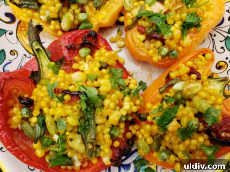 Pantry Perfect Vegan Stuffed Peppers 10 A wide shot of several vegan couscous stuffed peppers, beautifully presented