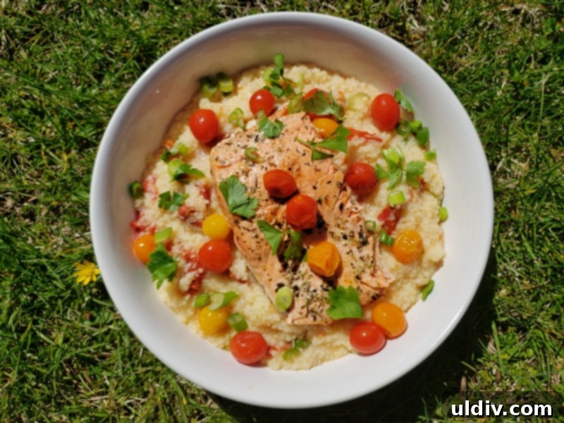 Sitka Our Home A Pandemic Silver Lining 5 Salmon dish plated with creamy couscous and micro-grape tomatoes