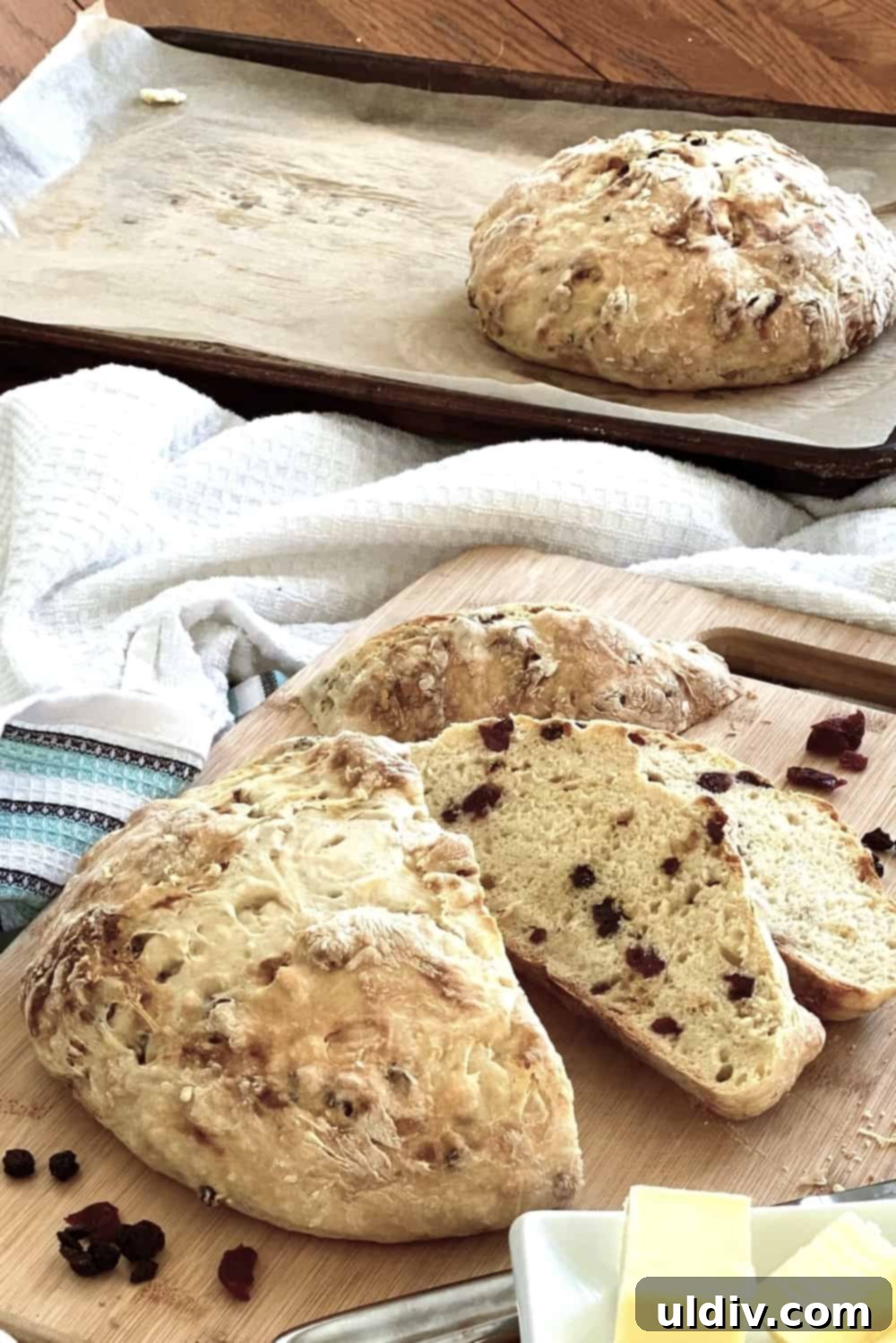 Ruby Berry Irish Soda Bread 2 A sliced loaf of soda bread with cranberries and currants.