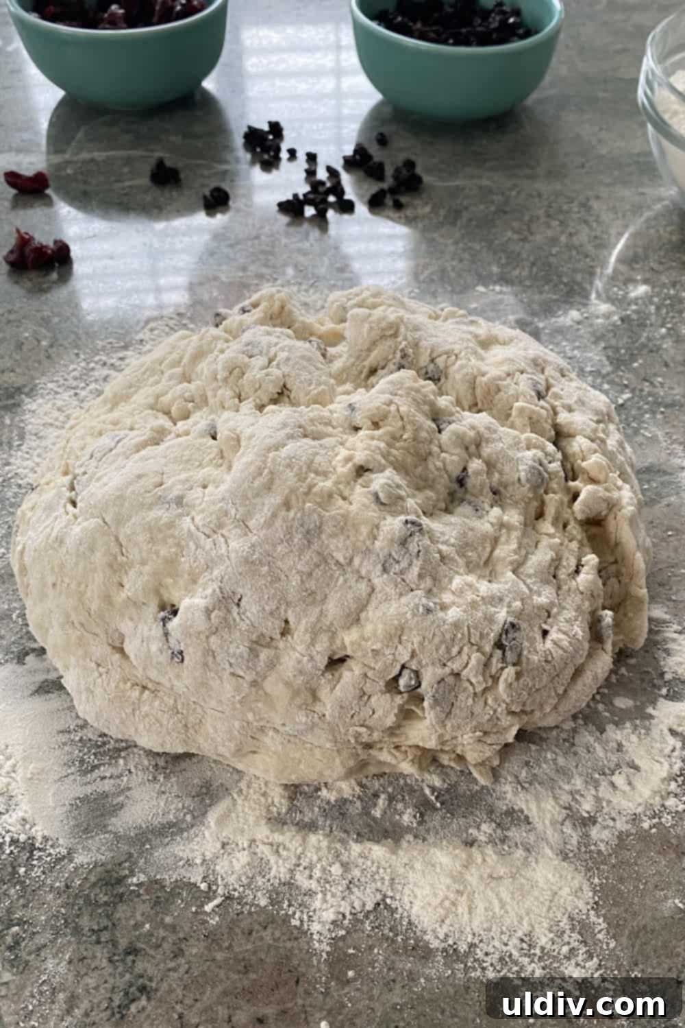 Homestyle Irish Soda Bread with Cranberry Currant Gems 3 A loaf of unbaked Irish soda bread.