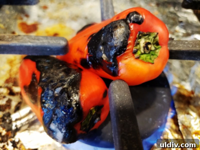 Mini peppers roasting on a gas stove burner