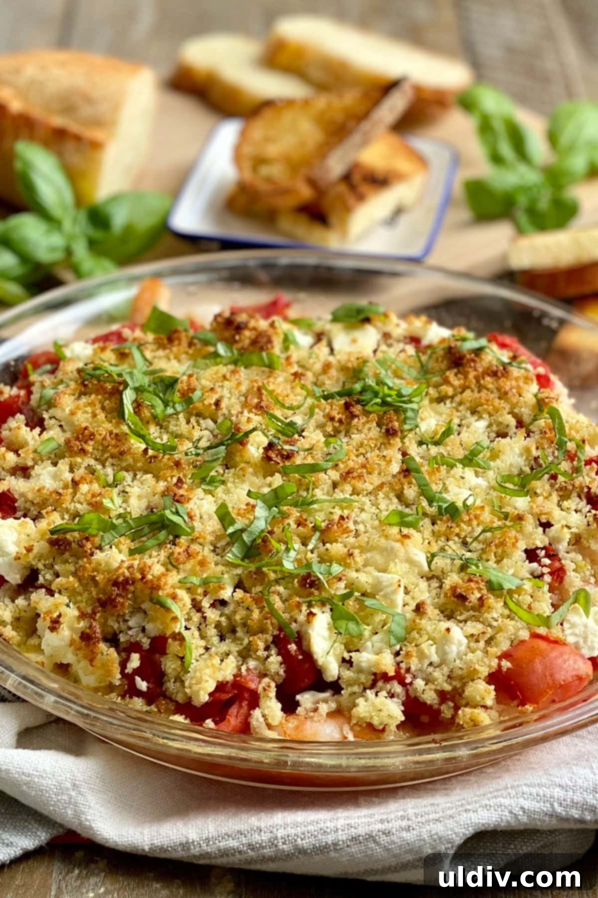 Mediterranean Feta Shrimp Bake 6 A serving of baked shrimp with feta and tomatoes, garnished with basil and accompanied by crispy crostini, on a white plate.