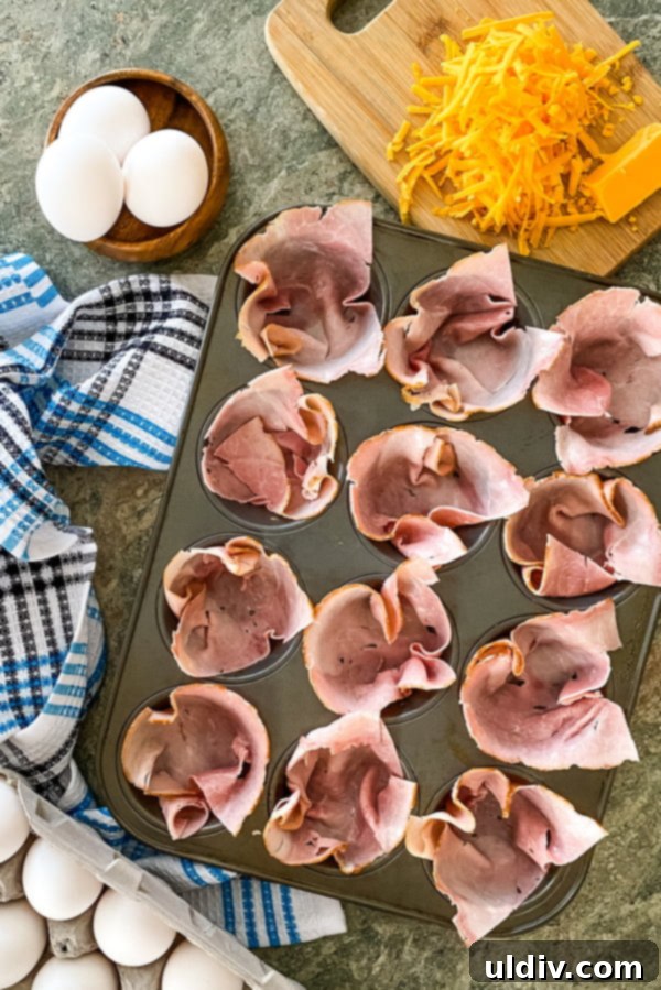 Effortless Ham & Egg Breakfast Bites 3 The ingredients for ham and egg cups with shredded cheddar cheese