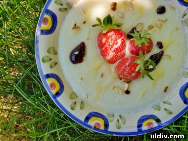 Semolina Pudding A Sweet Childhood Memory 4 A bowl of semolina pudding topped with a variety of fresh fruits and crunchy nuts, showcasing its delightful versatility.