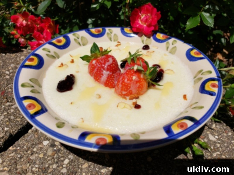 Semolina Pudding A Sweet Childhood Memory 6 A beautifully arranged serving of semolina pudding, garnished with fresh fruit, demonstrating an elegant presentation.