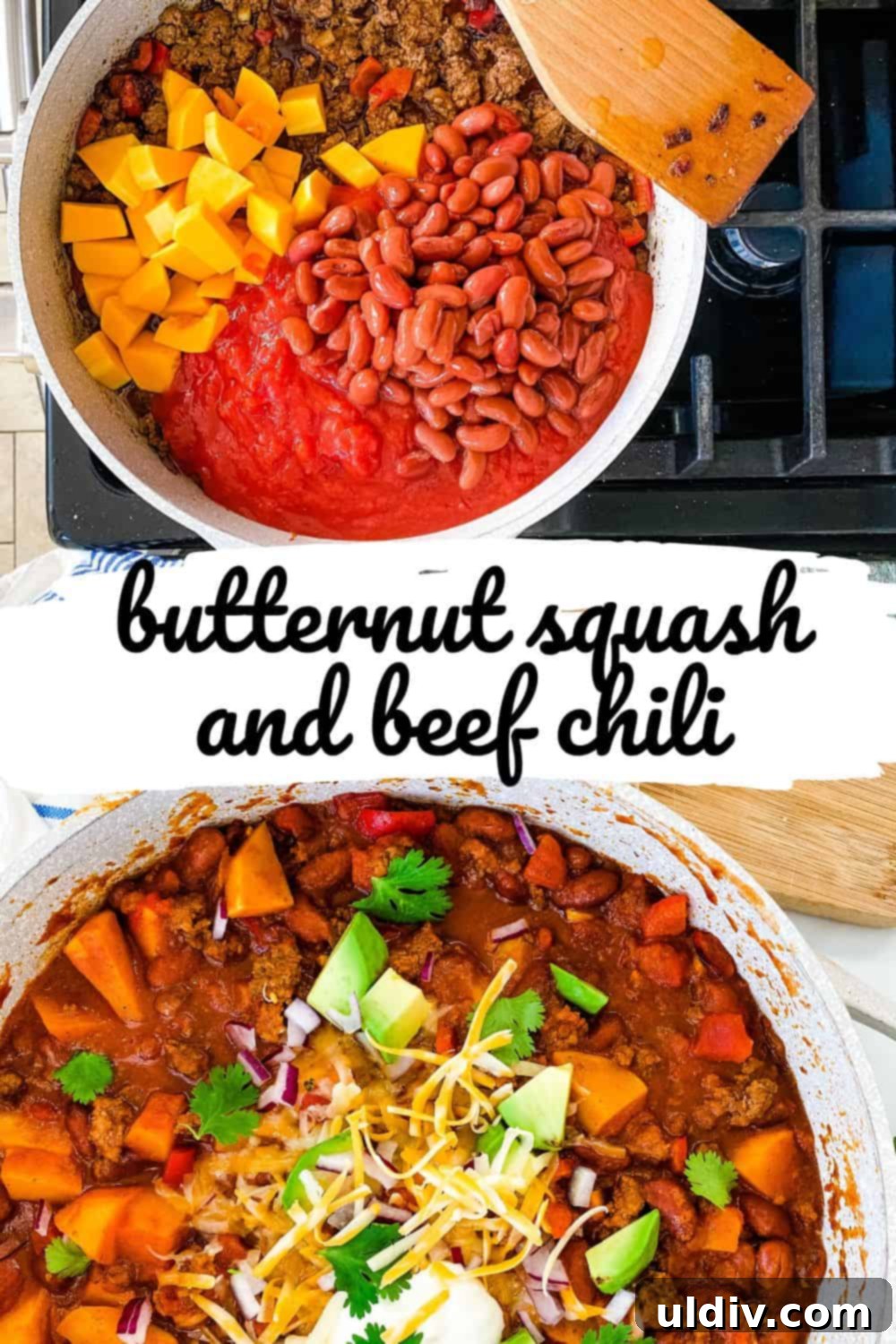 pot of healthy chili with beef and butternut squash recipe