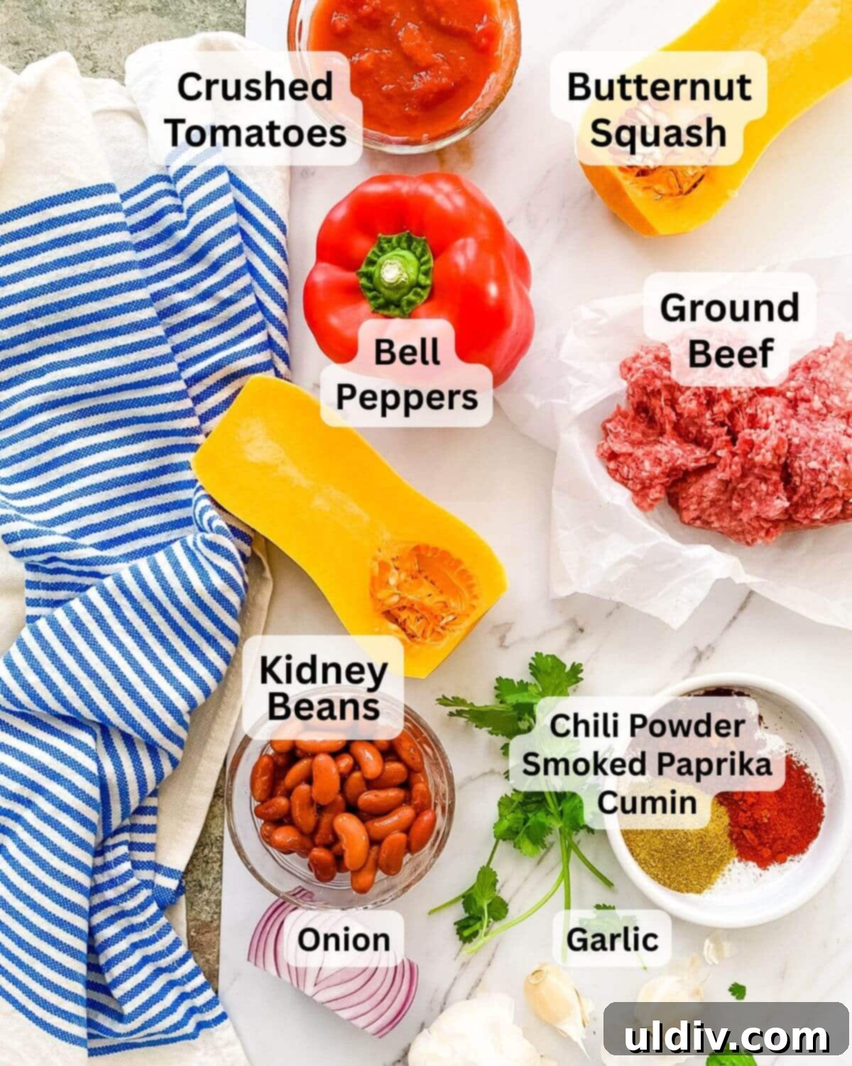 Ingredients needed to make ground beef and butternut squash chili.