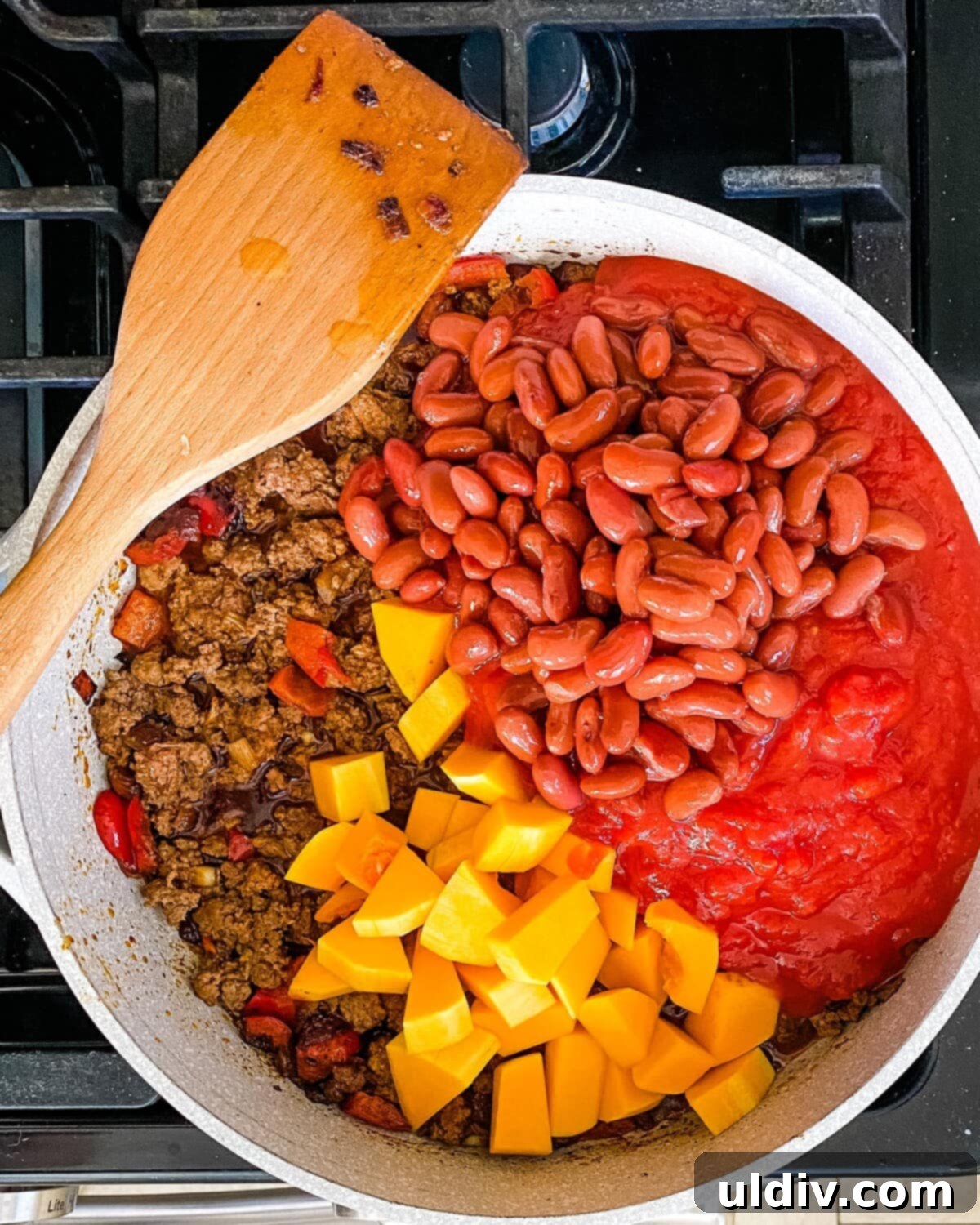 Beans, canned tomatoes and butternut squash added to the pot.