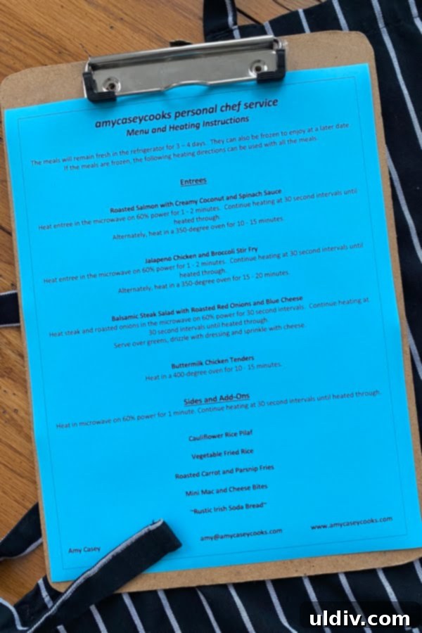 Example of a personalized personal chef client menu card