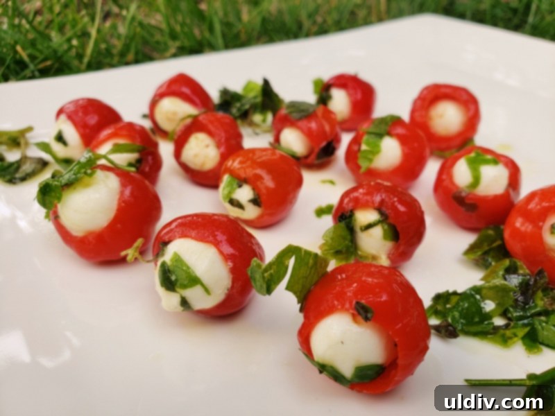 Herb-Packed Peppadew & Mozzarella 4th of July Appetizer 3 Mini mozzarella balls marinating in herbs and olive oil