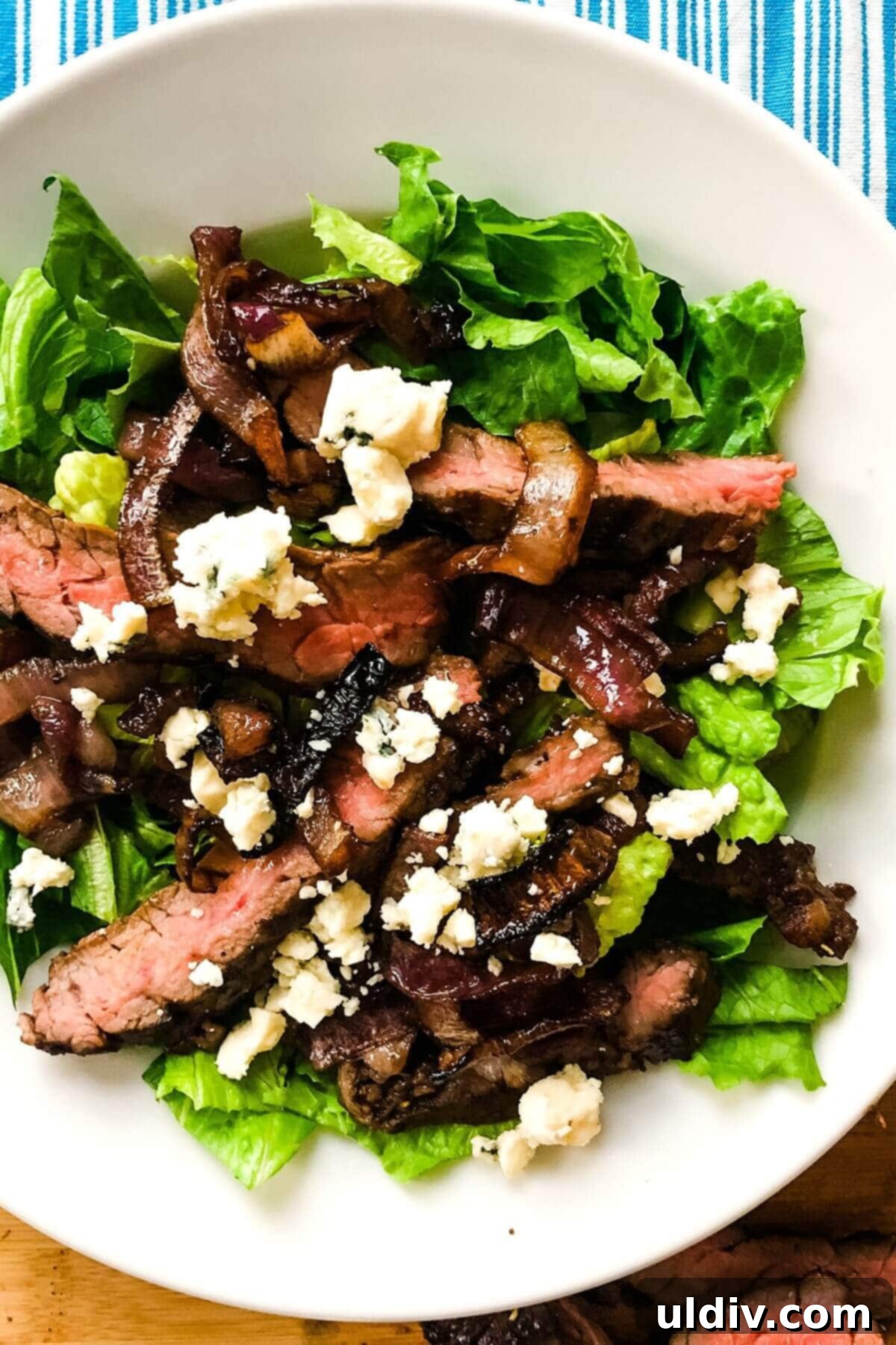 Blue Cheese Steak Salad with Balsamic Herbs 2 A vibrant steak salad with grilled steak slices, roasted red onions, crumbled blue cheese, and balsamic vinaigrette on a bed of fresh greens.