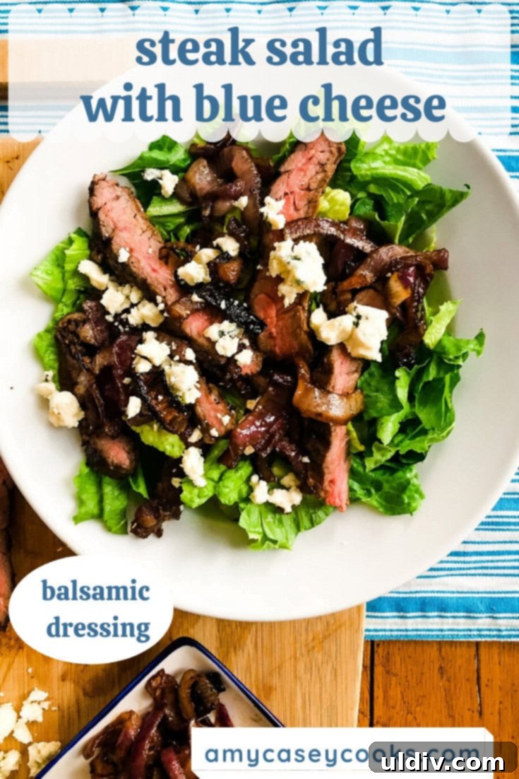 Blue Cheese Steak Salad with Balsamic Herbs 15 An entree salad, visually appealing, with tender steak, blue cheese crumbles, and balsamic roasted onions on fresh greens.