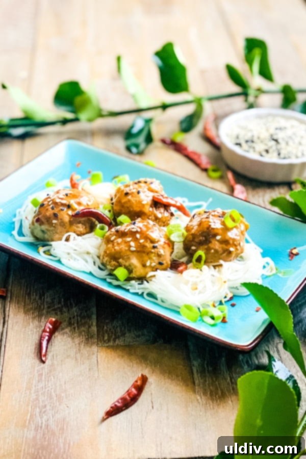 General Tso's Glazed Meatballs 3 Delicious spicy meatballs coated in General Tso's sauce and served over soft rice noodles, ready to be enjoyed.