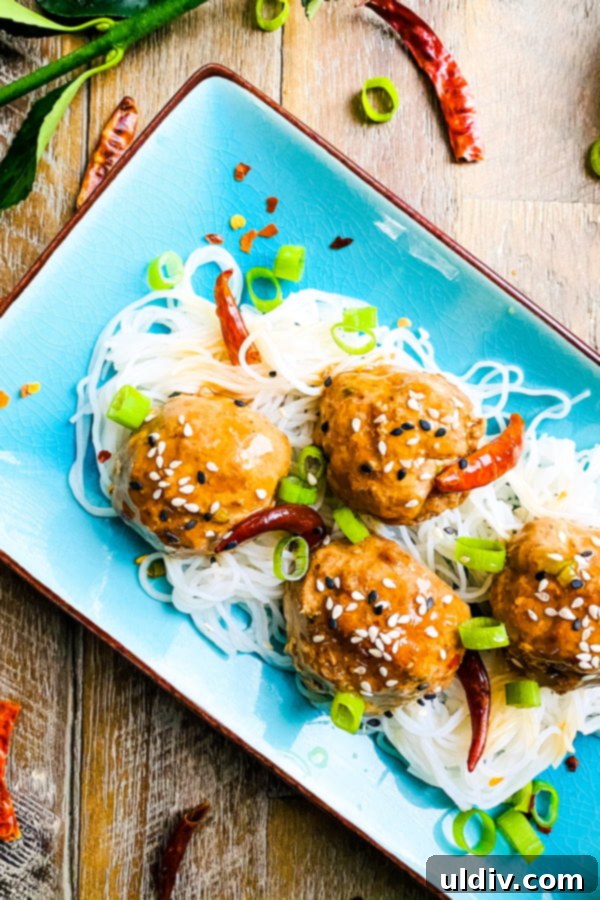 General Tso Glazed Meatballs 4 spicy meatballs with red chili peppers over rice noodles.