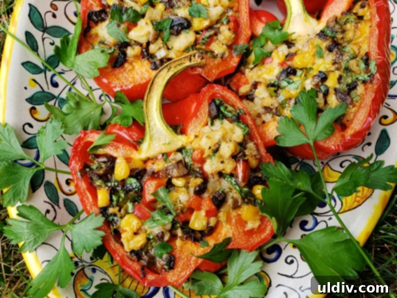 Cauliflower Mushroom Stuffed Peppers: Our Plant-Based Evolution 2 Delicious Cauliflower and Mushroom Stuffed Bell Peppers on a Baking Tray