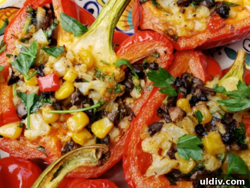 Cauliflower Mushroom Stuffed Peppers: Our Plant-Based Evolution 11 A vibrant platter of freshly baked cauliflower and mushroom stuffed peppers