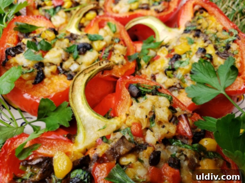 Cauliflower Mushroom Stuffed Peppers: Our Plant-Based Evolution 13 Close-up of the gooey cheese and vegetable filling inside a baked bell pepper