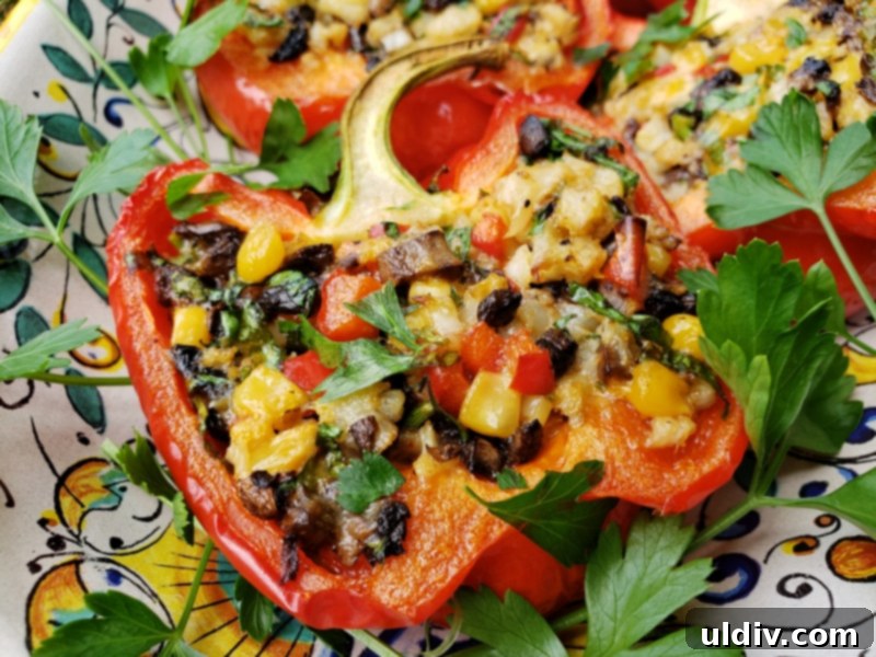 Cauliflower Mushroom Stuffed Peppers: Our Plant-Based Evolution 14 A beautifully presented serving of two halves of cauliflower and mushroom stuffed bell peppers