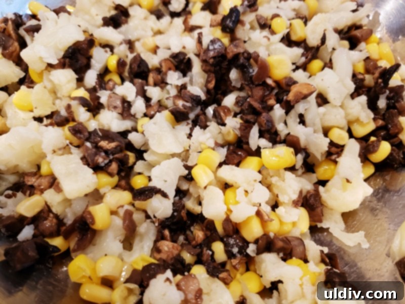 Cauliflower Mushroom Stuffed Peppers: Our Plant-Based Evolution 4 Sautéed mushrooms and sweetcorn combined with cauliflower for the stuffing