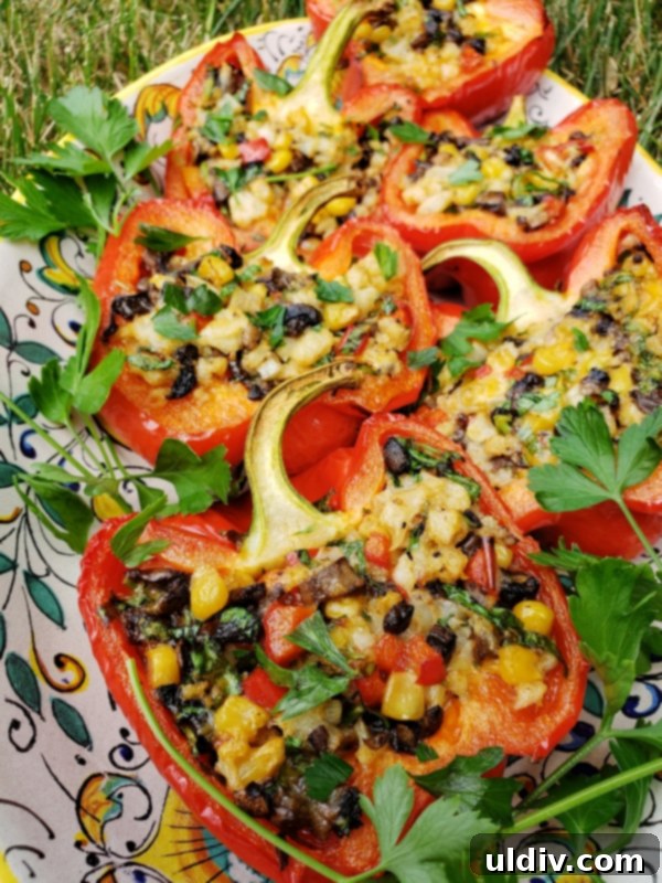 Cauliflower Mushroom Stuffed Peppers: Our Plant-Based Evolution 9 Freshly baked cauliflower and mushroom stuffed bell peppers, hot from the oven
