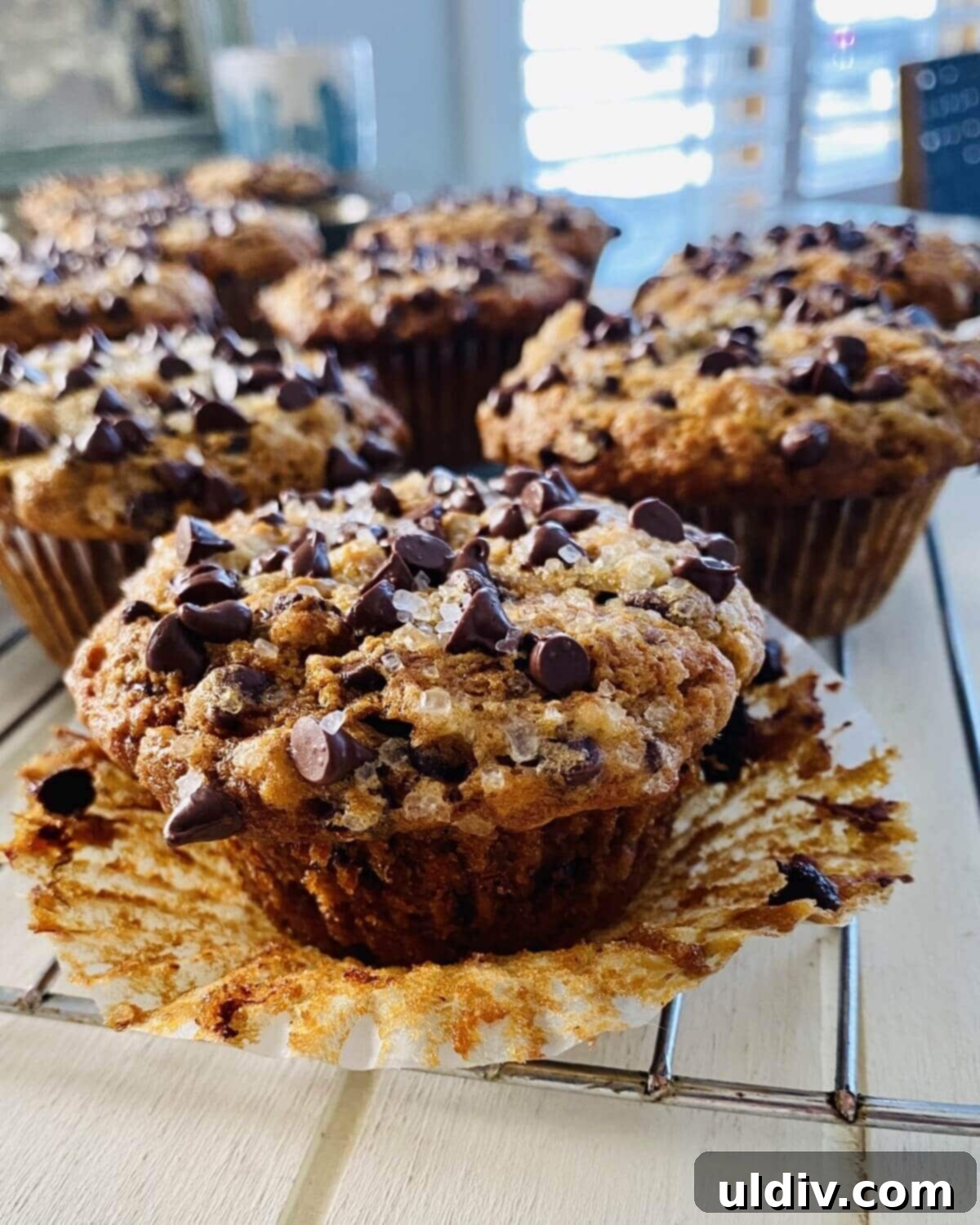 Naturally Sweet Vegan Banana Muffins 2 Super moist dairy-free banana muffin with the paper liner removed, revealing its golden-brown crust and tender interior.