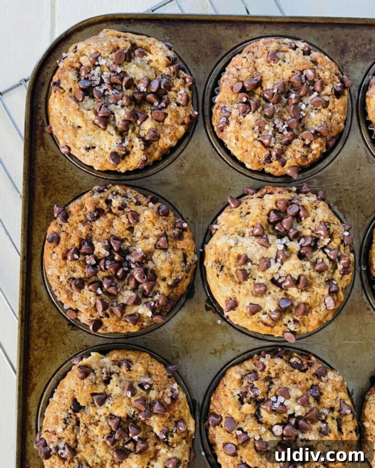 Naturally Sweet Vegan Banana Muffins 3 A baking pan filled with six perfectly baked dairy-free banana muffins, golden and inviting.