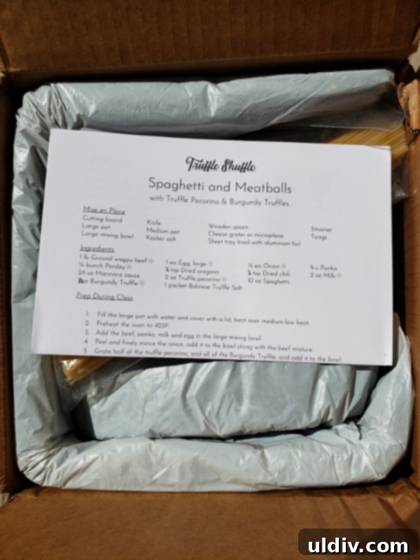 Truffle Shuffle's Fall Feast: A Virtual Celebration of Pasta, Meatballs, and Truffle Indulgence 4 A neatly organized box of vacuum-packed, pre-measured ingredients from Truffle Shuffle.