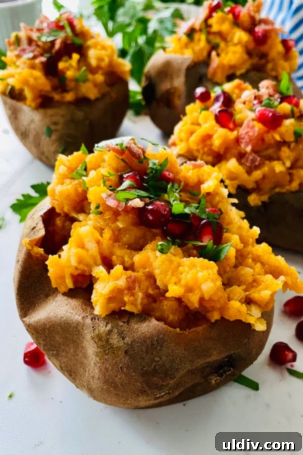 Loaded Sweet Potatoes: Apple, Bacon & Pomegranate 2 Delightfully baked sweet potatoes generously stuffed with a flavorful mix of shredded apples and crispy bacon, garnished with bright pomegranate arils.