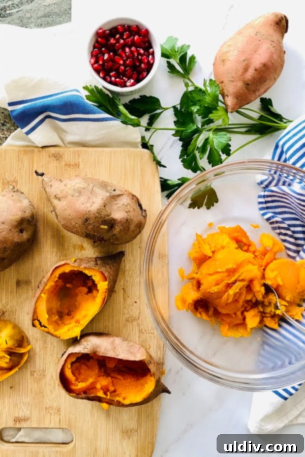 Pomegranate-Kissed Apple Bacon Stuffed Sweet Potatoes 5 Sweet potato skins alongside a bowl of mashed sweet potato pulp