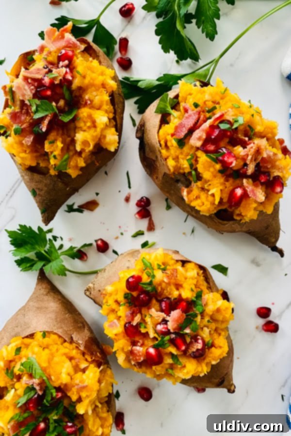 Loaded Sweet Potatoes: Apple, Bacon & Pomegranate 7 A close-up view of four perfectly stuffed sweet potatoes, showcasing the rich apple and bacon filling, garnished with vibrant pomegranate.