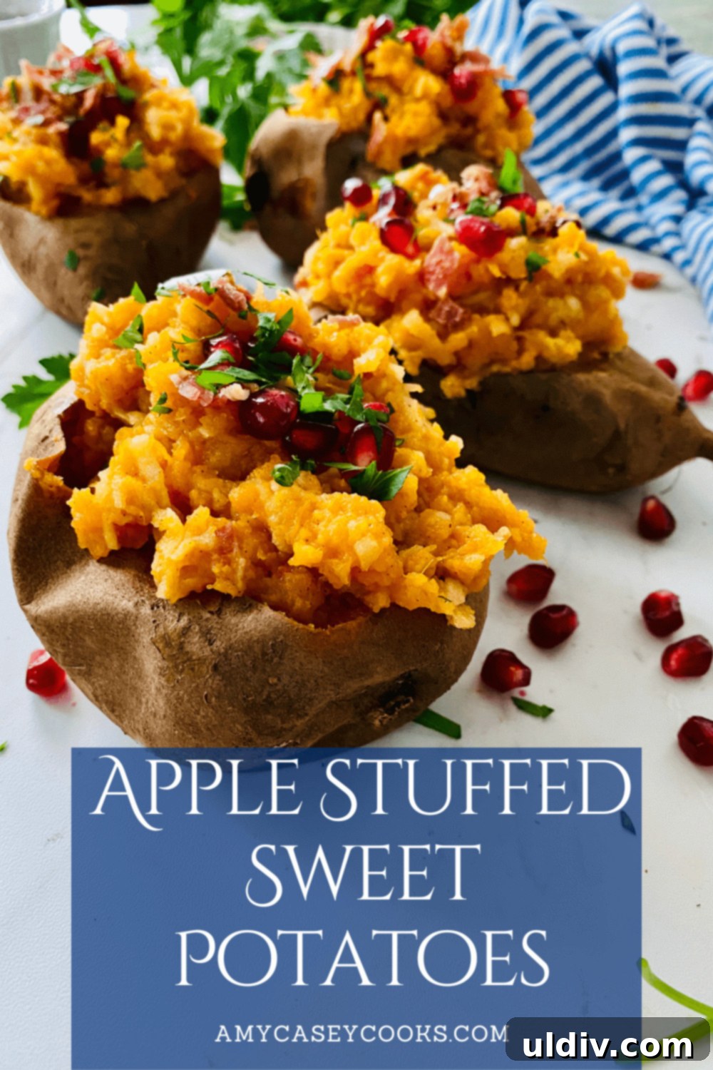 Pomegranate-Kissed Apple Bacon Stuffed Sweet Potatoes 8 Baked and stuffed sweet potatoes with crispy bacon and pomegranate arils