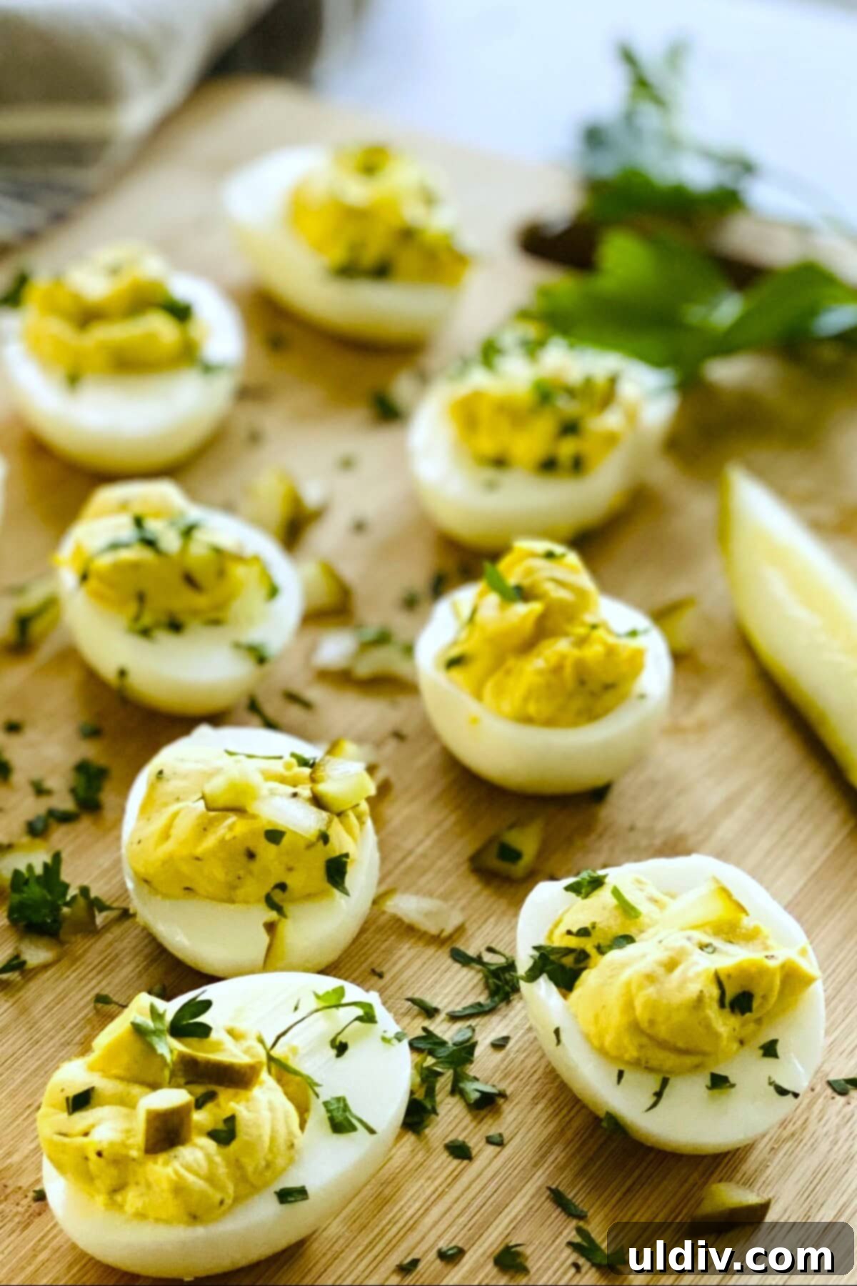 Zingy Dill Pickle Deviled Eggs 13 Deviled eggs and dill pickle spears.