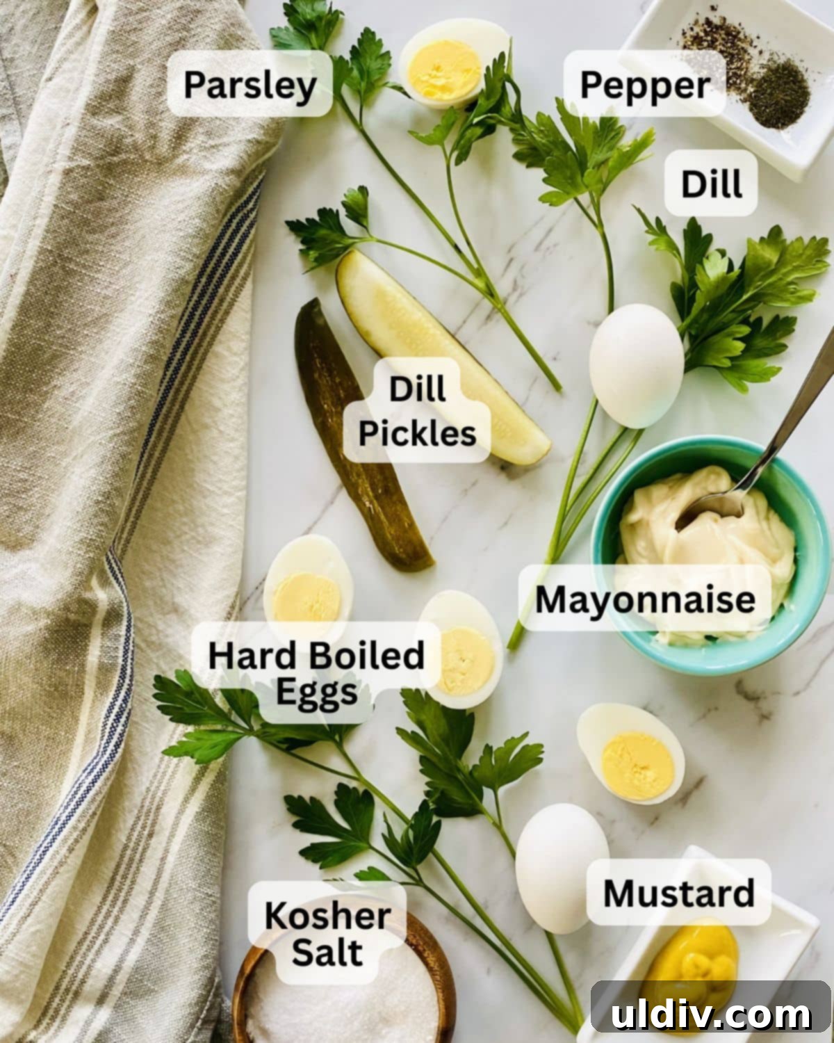 Pickle-Perfect Deviled Eggs 4 Hoard boiled eggs, mayo, mustard, parsley, salt, pepper, dried dill.