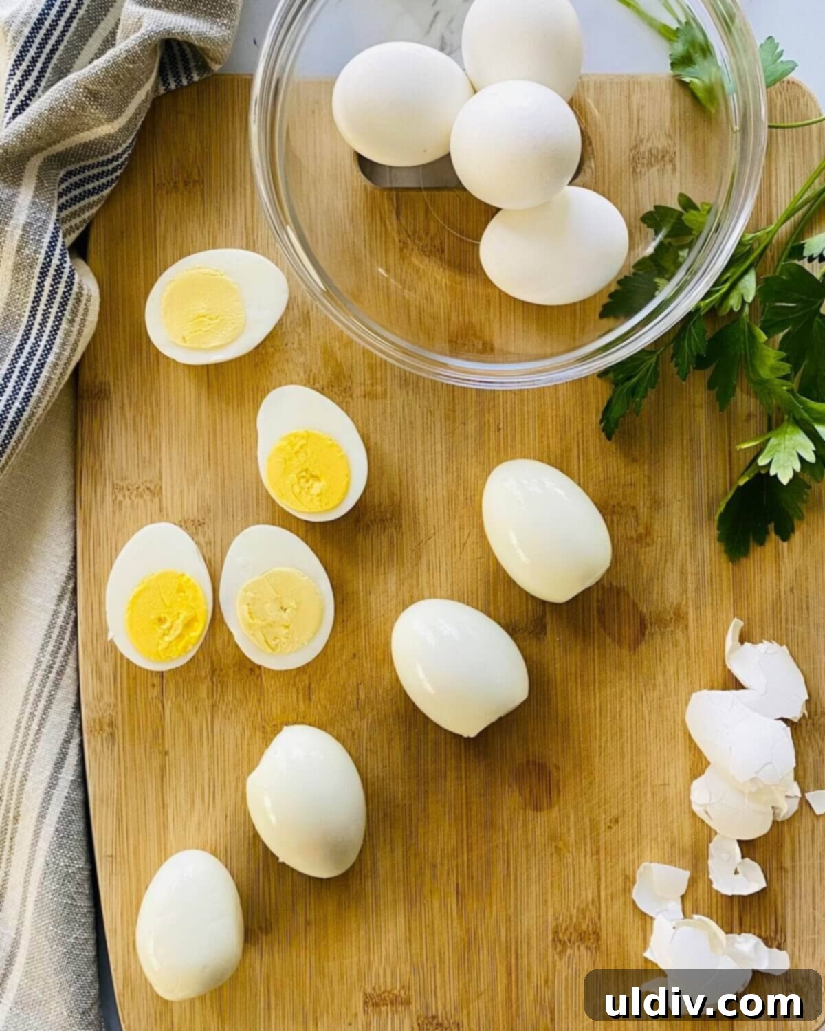 Zingy Dill Pickle Deviled Eggs 6 Peeled and cut hard boiled eggs for deviled eggs.