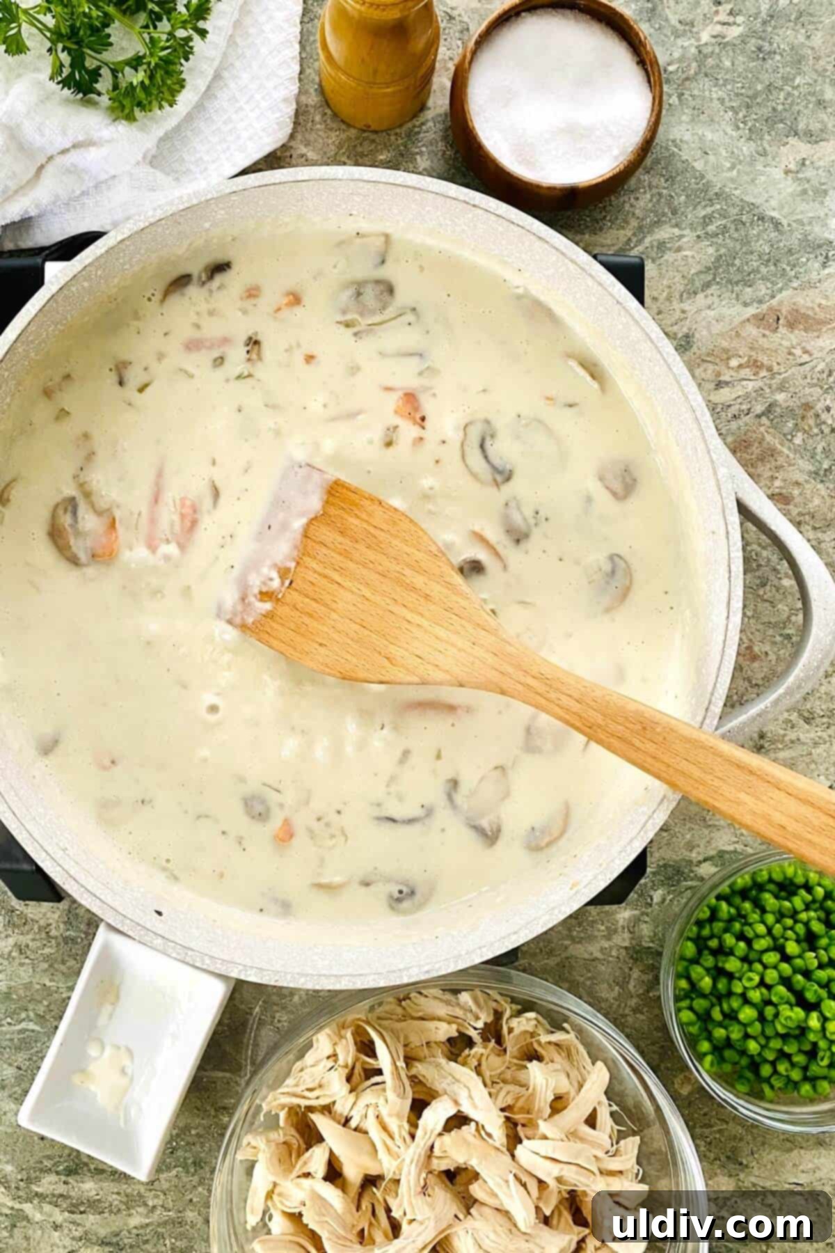 Royal Leftover Turkey a la King 5 pan a creamy sauce for turkey a la king being prepared