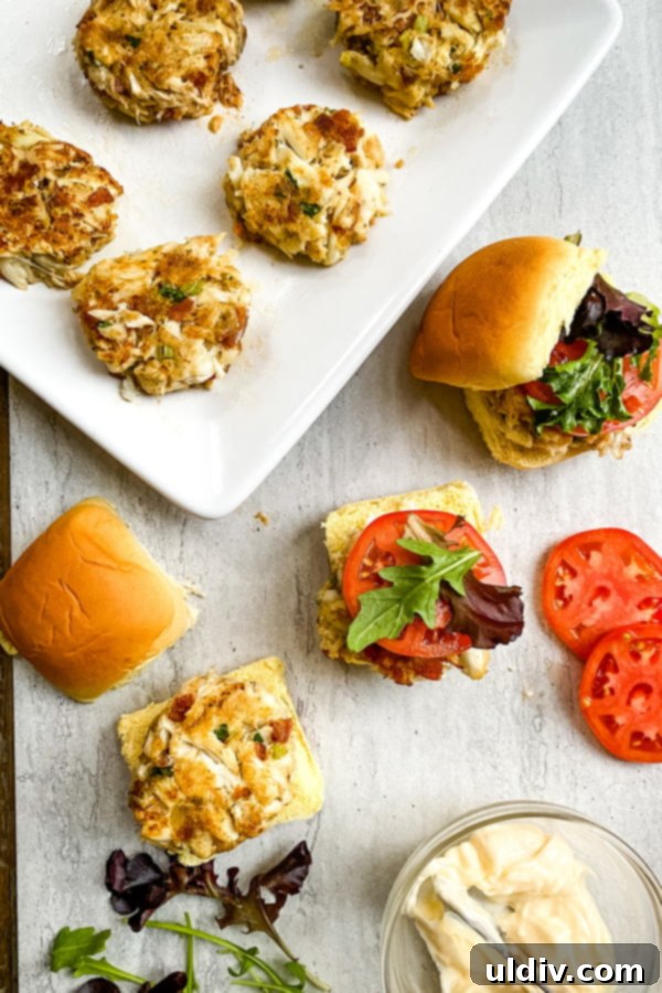 Crab BLT Sliders 5 components for blt mini crab cake sandwiches.