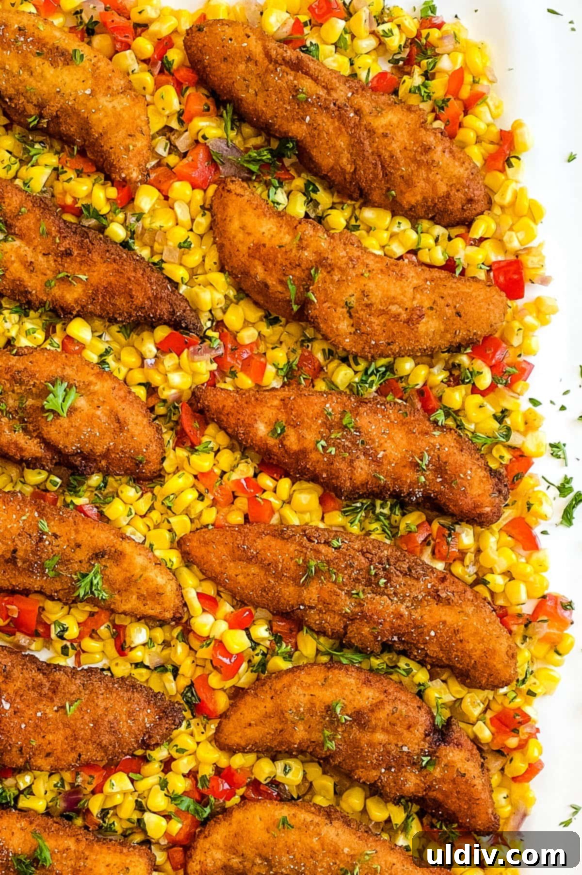 Golden Skillet Chicken & Fresh Corn 2 platter with pan fried chicken tenders and corn sauté