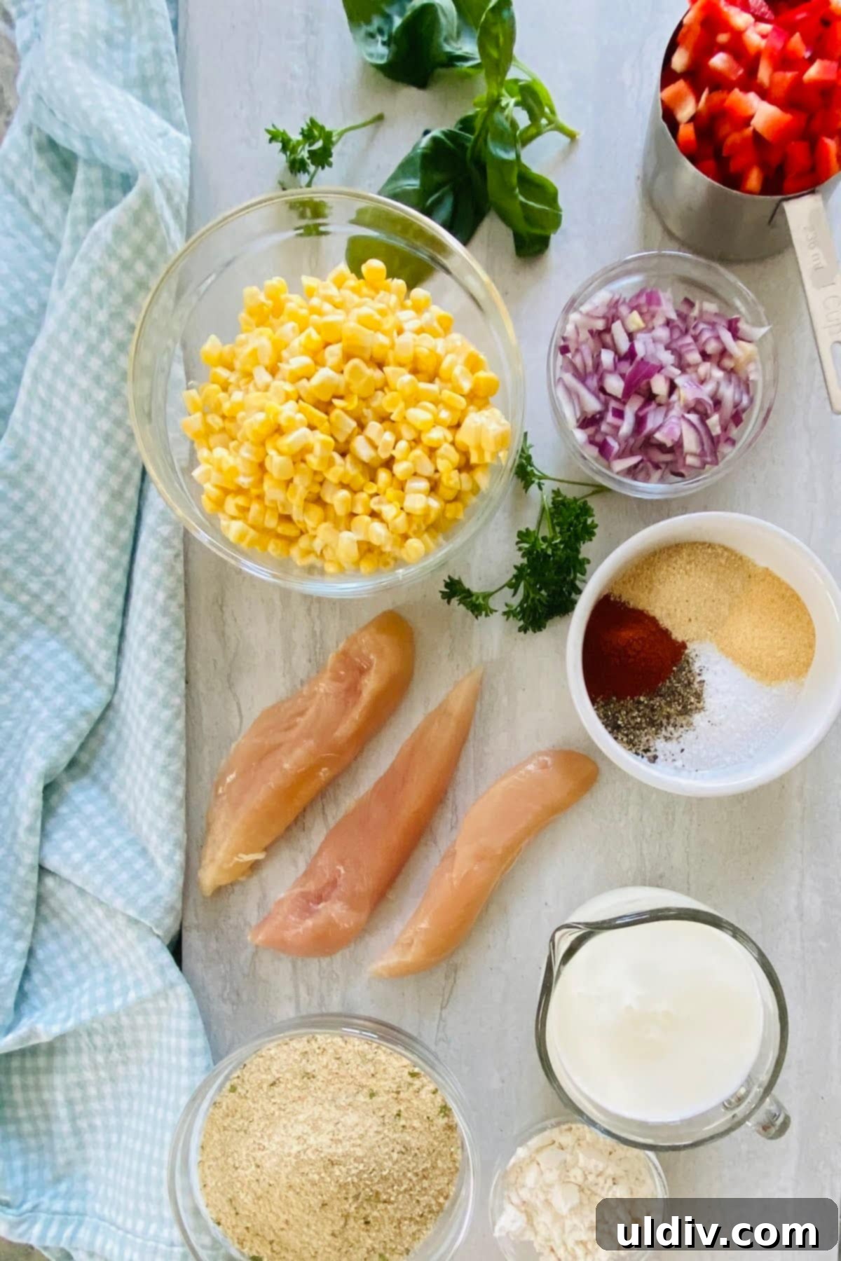 Golden Chicken Tenders with Sweet Corn Sauté 3 Ingredients for Pan Fried Chicken Tenders and Corn Sauté: chicken tenders, corn, red onion, red peppers, breadcrumbs, flour, and spices on a wooden board.