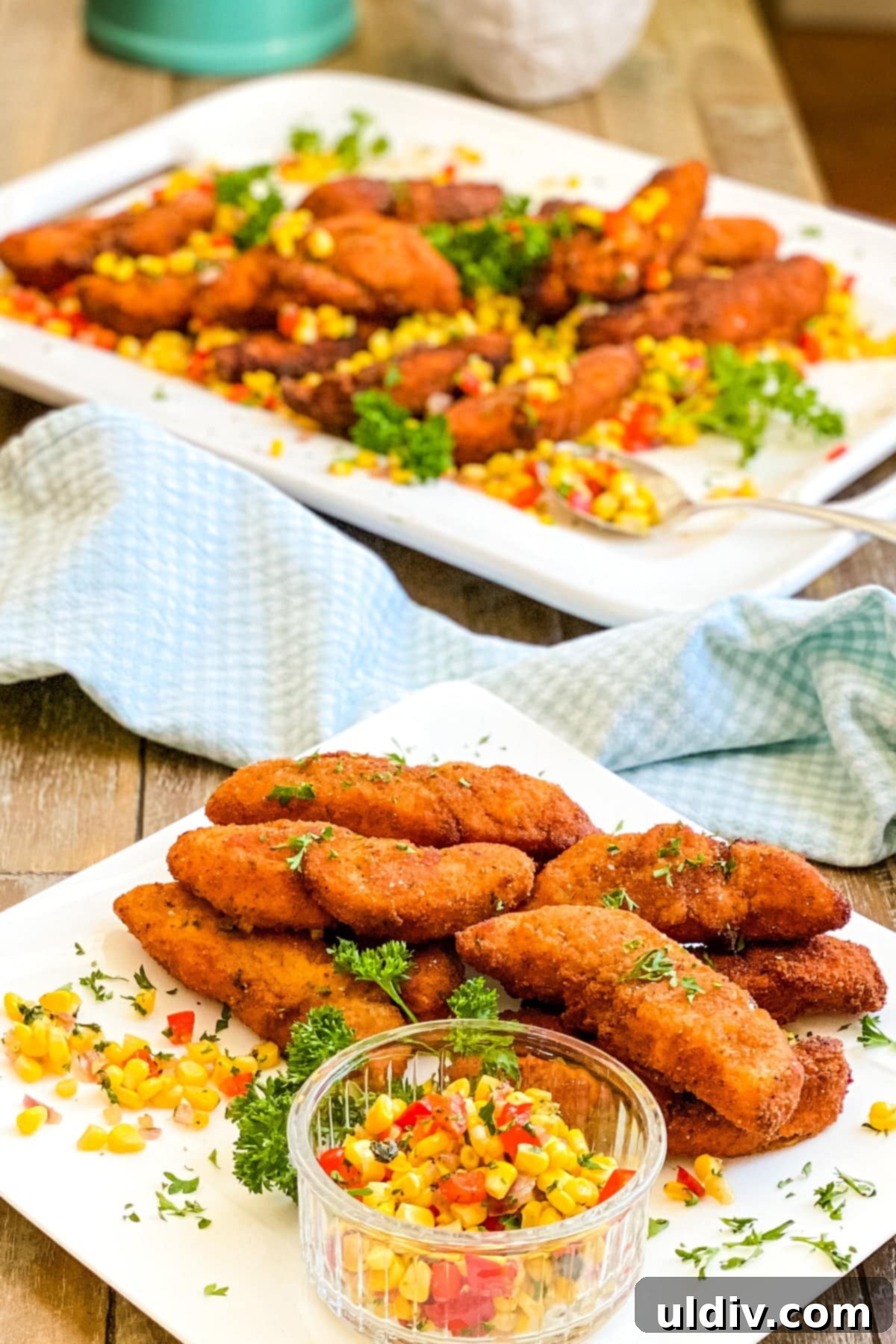 Golden Skillet Chicken & Fresh Corn 4 pan fried chicken tenders on a serving plate with fresh corn sauté