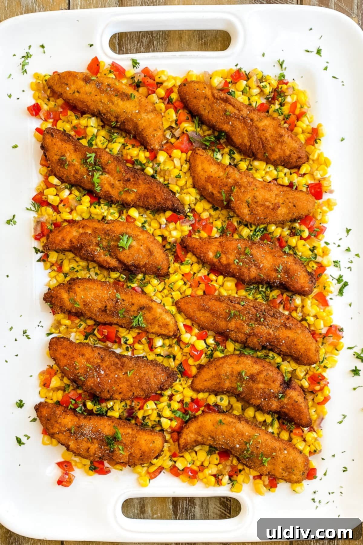 Golden Skillet Chicken & Fresh Corn 5 a platter of crispy cooked poultry