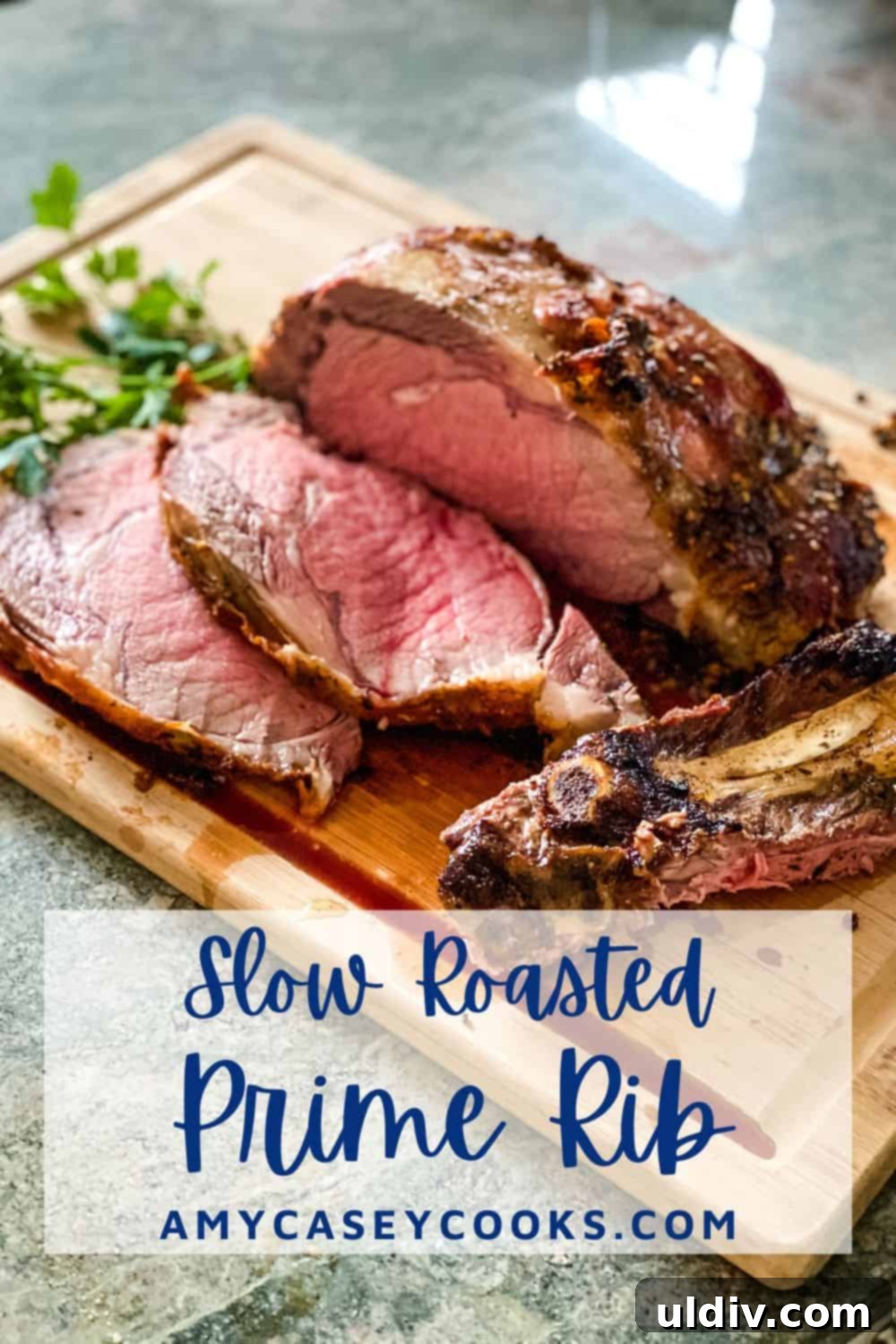 Melt-in-Your-Mouth Slow-Roasted Prime Rib 9 A close-up of beautifully sliced, medium-rare prime rib on a wooden cutting board, highlighting its perfect doneness and juicy interior.