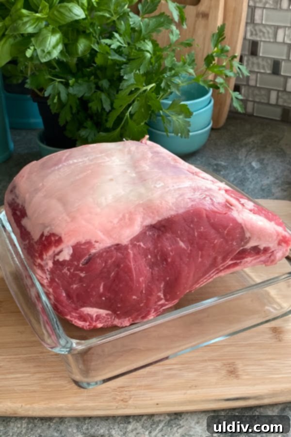 Melt-in-Your-Mouth Slow-Roasted Prime Rib 3 Raw prime rib roast on a counter, prepared with an herb butter rub, ready for roasting.