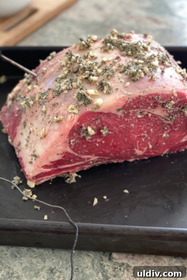 Melt-in-Your-Mouth Slow-Roasted Prime Rib 5 A seasoned prime rib roast with an herb butter rub, equipped with a wireless meat thermometer probe, in a roasting pan.