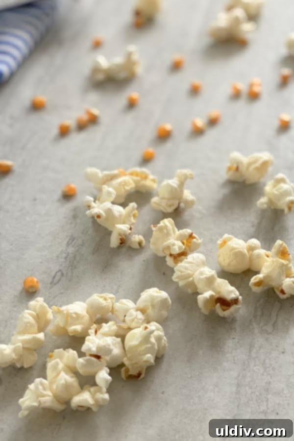 Irresistible Homemade Salted Caramel Popcorn 5 A side-by-side comparison illustrating the transformation of corn kernels into fluffy white popcorn, with a small pile of unpopped kernels next to a large bowl of popped corn, emphasizing the fresh base for caramel.