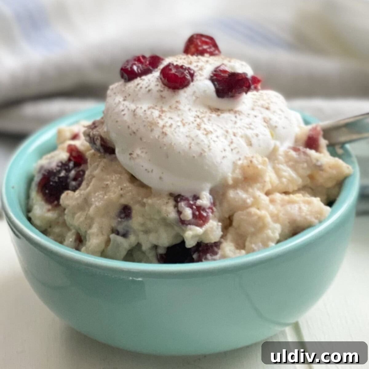 A bowl of delectable stovetop rice pudding, elegantly garnished with a generous dollop of whipped cream and a hint of spice.