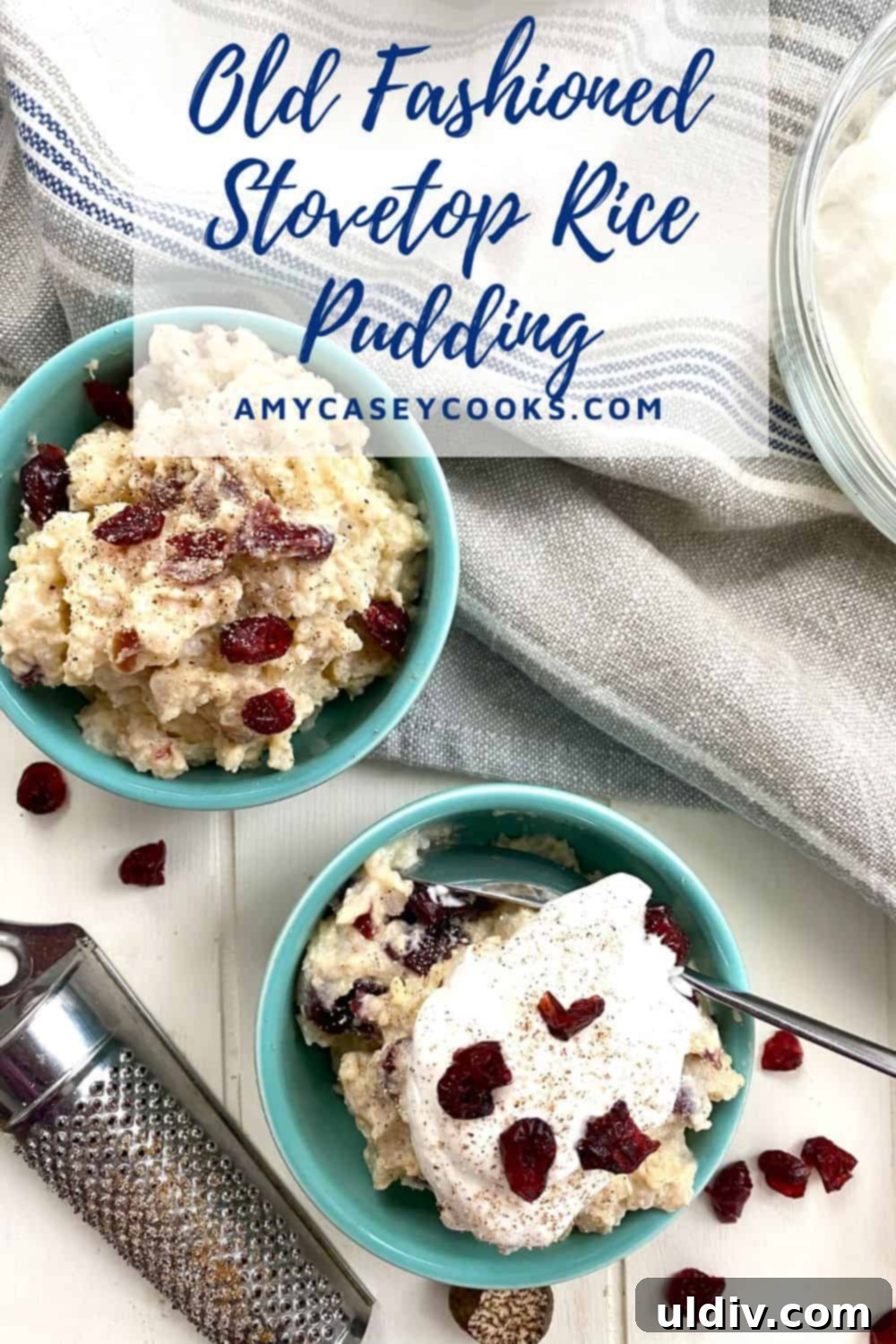 Classic Creamy Stovetop Rice Pudding 7 Two artfully arranged bowls of old fashioned stovetop rice pudding: one topped with fresh whipped cream and a sprinkle of cinnamon, the other showcasing the texture with dried cranberries visible.