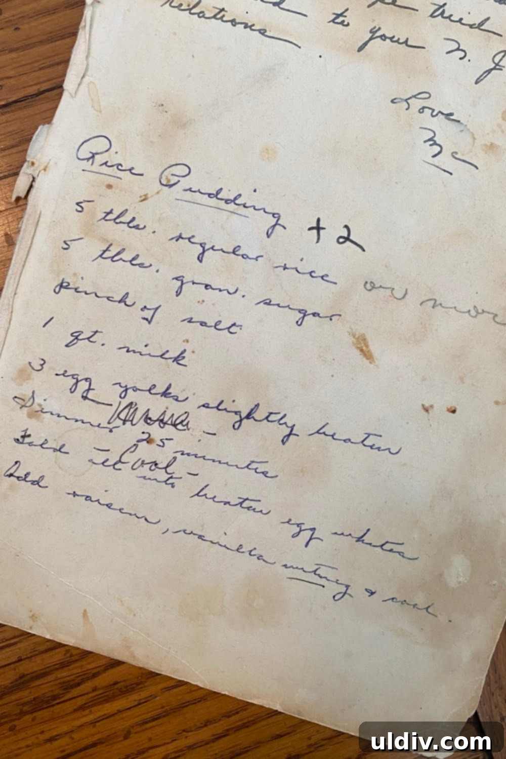 Grandma's Stovetop Rice Pudding 3 A handwritten recipe card for old-fashioned rice pudding, showing the endearing, yet sometimes vague, notes passed down through generations.